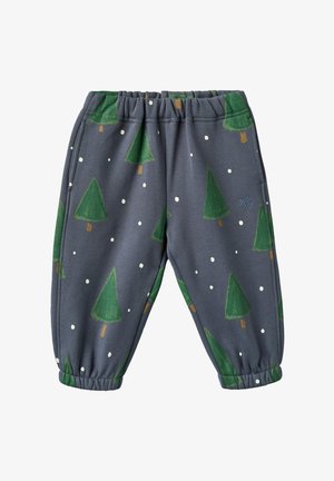 Grå børnebukser med elastisk taljebånd, med mønster af grønne træer og hvide prikker. Blødt stof med glat tekstur.