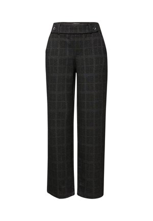 Sorte bukser med høj talje og vide ben med subtilternet mønster og knapdetalje på taljebåndet.