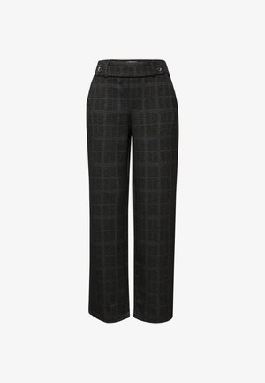 Czarne spodnie z wysokim stanem i szerokimi nogawkami, z subtelnym wzorem w kratkę i guzikiem na pasku.