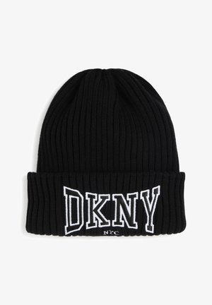 Bonnet en tricot noir avec texture côtelée. Présente un revers replié avec le logo brodé en blanc "DKNY NYC" sur le devant.