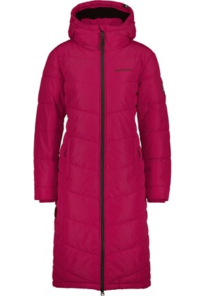 Lange roze pufferjas met capuchon, verticale gestikte ontwerp, voorrits en zijzakken. Beschikt over elastische manchetten en logo op de borst.