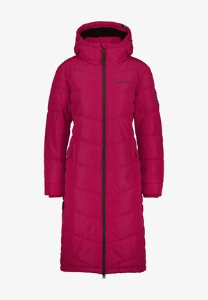 Langer rosa Daunenmantel mit Kapuze, vertikaler Steppdesign, Frontreißverschluss und Seitentaschen. Mit elastischen Bündchen und Logo auf der Brust.
