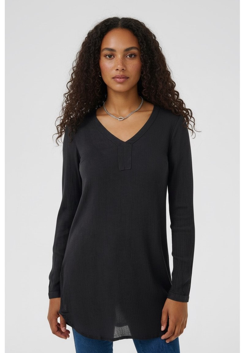 Black long-sleeve V-neck top with ribbed texture and a short placket detail at the neck, paired with blue jeans.