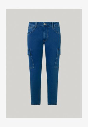 Modre denim cargo hlače s ozkim fitom, ki imajo dva stranska žepa in subtilne šive. Tkanina ima gladko teksturo.