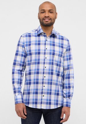 Blau-weiß karierte Hemd mit gelben Akzenten, Button-Down-Kragen, langen Ärmeln und schwarzen Knöpfen; aus einem glatten Stoff gefertigt.