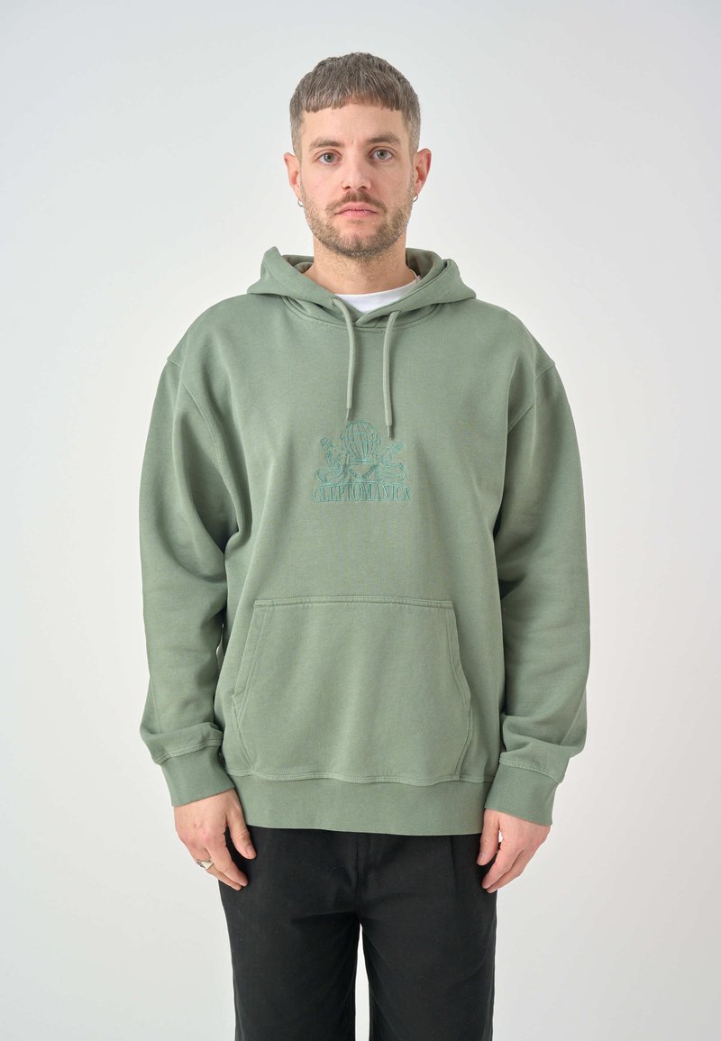 Green hooded sweatshirt made of fabric with a textured finish, featuring a front pocket and embroidered logo in a lighter shade.