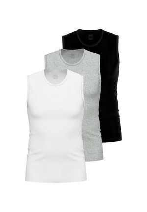 Three sleeveless cotton tank tops in white, gray, and black arranged overlapping on a white background.