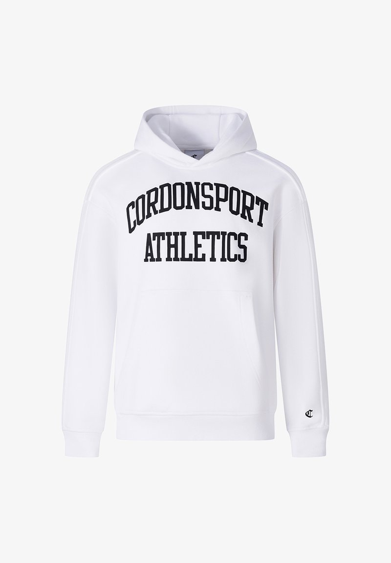 White hooded sweatshirt featuring a kangaroo pocket, black "CORDONSPORT ATHLETICS" print, and ribbed cuffs. Smooth texture with a relaxed fit.