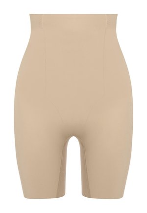 Shorts de shapewear beige en matériau lisse et extensible avec une taille haute, affichant des coutures discrètes et une zone de pantalon ouverte.