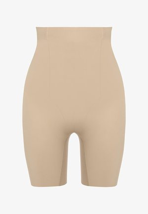 Beige shapewear shorts gemaakt van glad, rekbaar materiaal met een hoog model, met subtiele naden en een open kruisgebied.