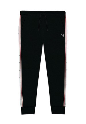 Pantaloni de trening negri cu dungi laterale albe și roșii, având un talie ajustabilă cu șnur și buzunare laterale. Include un logo mic pe piciorul stâng.