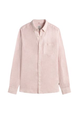 Férfi hosszú ujjú gombos ing pink és fehér függőleges csíkokkal, gombos gallérral, mellzsebbel és elülső gombokkal.