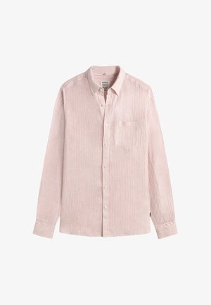 Meeste pikamaa varrukatega nööpidega särk, roosade ja valgete vertikaalsete triipudega, nööpidega kaelusega, rinnatasku ja esinööpnuppudega.