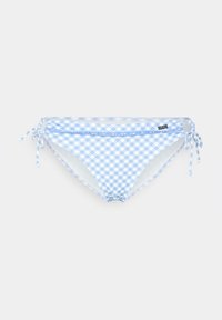 Bikini-Hose aus blau-weißem Gingham mit verstellbaren Seitenschnüren, die über eine weiche, glatte Textur und einen leichten Glanz verfügt.
