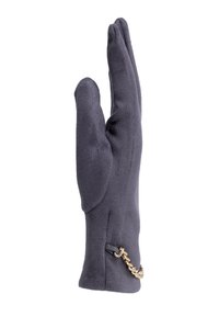 Guanto grigio in suede con una texture liscia, caratterizzato da un accento in catena dorata e un design aderente. Il pollice è separato per una migliore destrezza.