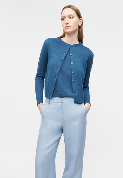 Γυναίκα με μακριά ίσια μαλλιά, ντυμένη με ένα μπλε ζακέτα με κουμπιά πάνω από μπλε τοπ και ανοιχτόχρωμο παντελόνι φαρδύ στο κάτω μέρος, όρθια με τα χέρια στις τσέπες.