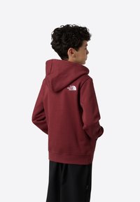 Vínová mikina s kapucňou z mäkkej látky, s nastaviteľnou šnúrkou na kapucni a rebrovanými manžetami, s malým bielym logom na hornej časti chrbta.