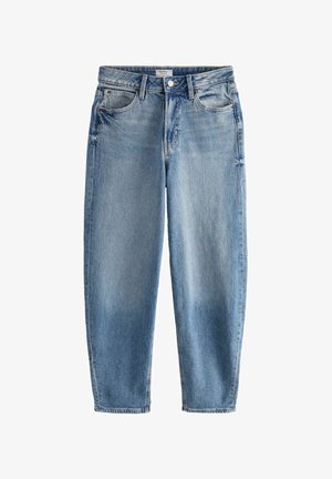 Heledad sinine denimist teksad mugava lõikega, viie taskuga, vöörihmaste ja nööbiga kinnitusega. Tekstureeritud kangas, millel on kerge pleekimine.