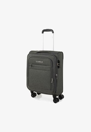 Maleta de tela gris con un asa telescópica, cuatro ruedas y un bolsillo frontal con cremallera. Presenta un diseño rectangular y elegante.