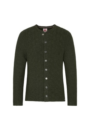 Dunkelgrüne Strickjacke mit rundem Halsausschnitt, Knopfverschluss vorne und strukturiertem Muster. Verfügt über silberne Metallknöpfe entlang der Leiste.