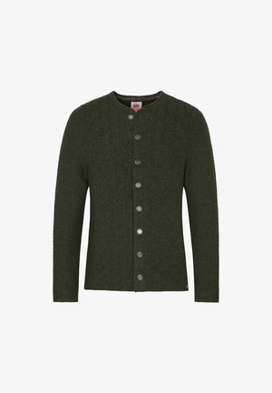 Donkergroen gebreide cardigan met een ronde halslijn, sluiting met knopen aan de voorkant en een textuurpatroon. Voorzien van zilveren metalen knopen langs de strook.