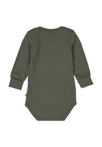 Długi rękaw bodysuit w ciemnozielonym kolorze z bawełny, z okrągłym dekoltem i zatrzaskiem u dołu. Posiada ściągacze przy nadgarstkach i gładką teksturę.