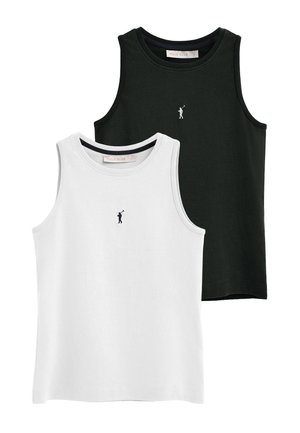 Deux débardeurs sans manches, un blanc et un noir, chacun avec un petit logo brodé d'un joueur de polo sur la poitrine.