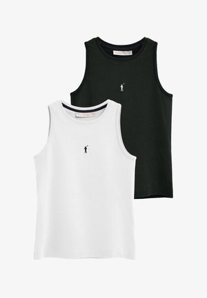 Deux débardeurs sans manches, un blanc et un noir, chacun avec un petit logo brodé d'un joueur de polo sur la poitrine.