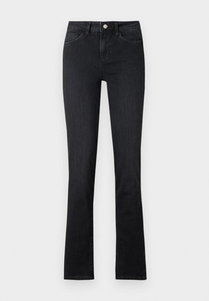 Zwarte denim flared jeans met een middelhoge taille, twee voorzakken en een ritssluiting. Gladde textuur met subtiele stikdetails.