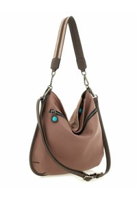 Borsa in pelle marrone con una forma curva unica, dotata di due tasche con zip e di una tracolla staccabile con un accento rosa.