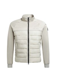 Lichtbeige jack met een ritssluiting aan de voorkant, gewatteerd lichaam en gladde mouwen. Voorzien van een opstaande kraag en logo-decoratie op de borst.