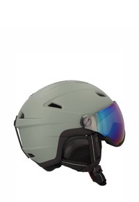 Ski-hjelm i mat sagegrøn med ventilationsporte, justerbar visir med blå iridiserende nuance, polstret inderside og justerbar hagesnor.