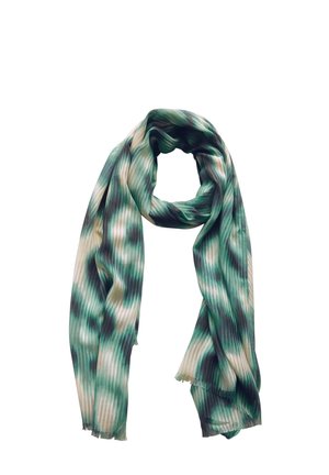 Bufanda verde y crema con estampado hecha de un tejido ligero, que presenta un diseño ondulado con bordes con flecos. Textura suave con gradaciones de color sutiles.