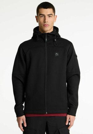 Zwarte zip-up hoodie met een textuurafwerking, verstelbare capuchon en elastische manchetten. Heeft een klein logo op de bovenlinkerkant.