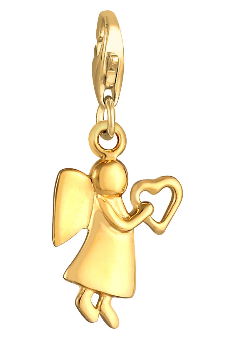 Charm de ángel dorado sosteniendo un corazón, con alas detalladas y una superficie suave y pulida. Viene con un cierre de langosta seguro.