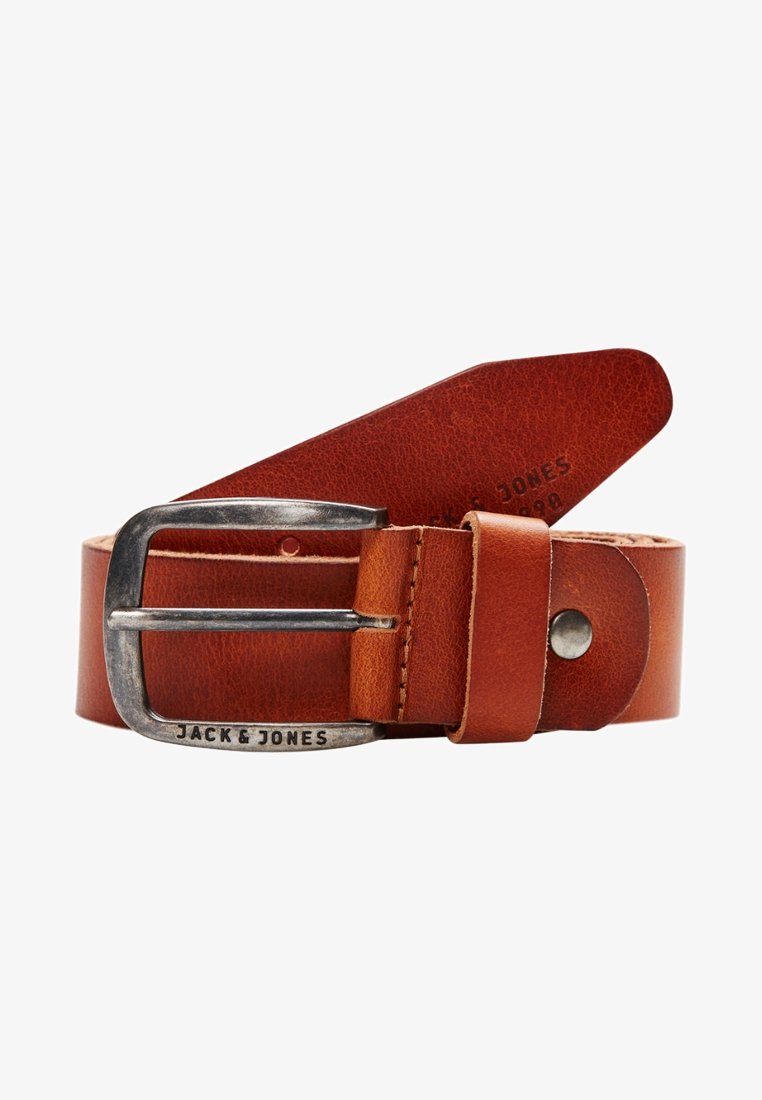Brown leather belt with a silver metal buckle, featuring embossed logo detailing. The belt has a smooth texture and a classic design.