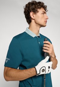 Teal polo skjorte med lyseblå krage; broderidetalj på erm. Modellen holder en golfkølle, iført en hvit hanske med svarte detaljer.