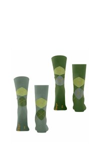 Zielono-szare skarpetki w wzór argyle z diamentowym motywem, teksturowany materiał i pomarańczowe detale na kostce.