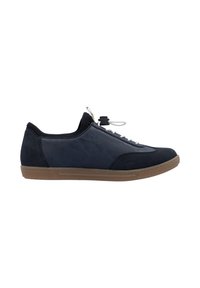 Navy blue shoe with a smooth leather upper and suede accents. Features a round toe, white laces, and a textured gum rubber sole.
