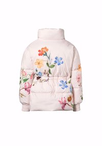 Doudoune rose clair avec col montant, poignets élastiques et imprimés floraux multicolores au dos et aux manches.