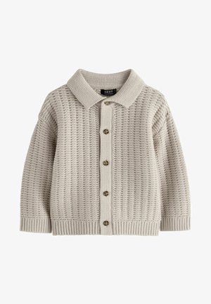 Beżowy sweter z dzianiny z kołnierzykiem, teksturowanym wzorem, zapięciem na guziki z przodu oraz ściągaczami przy mankietach i u dołu.