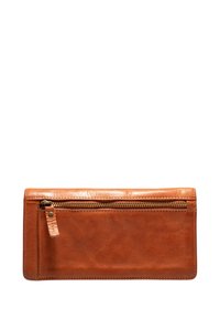 Portafoglio in pelle marrone con una texture liscia, dettagli in zip dorata sulla parte superiore e una tasca con zip separata sul retro. Forma rettangolare.