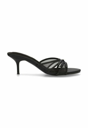 Sandalias de tacón negro con diseño de malla, que cuentan con tiras cruzadas y un tacón curvado y esbelto. Suela plana y textura suave.