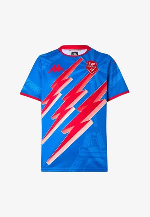 Blauw voetbalshirt met rode accenten, met grafische bliksemschichten en de zijaanzicht van de Eiffeltoren. Gemaakt van glad, ademend materiaal.