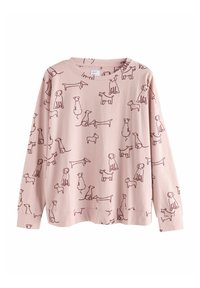 Vaaleanpunainen pitkähiha paita, jossa on tummanruskea koiran ääriviivakuosi toistuvasti. Valmistettu pehmeästä puuvillakankaasta, pyöreä kaula-aukko.