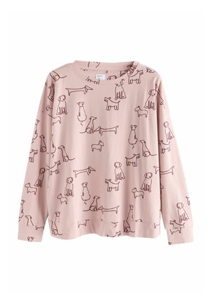 Lichtroze langemouwen shirt met een herhaald hondenomtrekpatroon in donkerbruin. Gemaakt van zacht katoen, met een ronde hals.