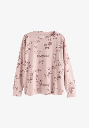 Lichtroze langemouwen shirt met een herhaald hondenomtrekpatroon in donkerbruin. Gemaakt van zacht katoen, met een ronde hals.