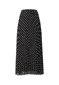 Zwarte geplooide maxi-jurk met witte stippen. Heeft een brede tailleband en een luchtige, lichte stof. Verticale lijnen gecreëerd door de plooien.
