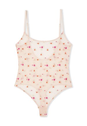 Body trasparente color nudo con spalline sottili, caratterizzato da piccoli motivi floreali ricamati in rosa e arancione e scollo rotondo.