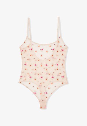 Body transparente color nude con tirantes finos, decorado con pequeños bordados de flores en rosa y naranja, y escote redondeado.